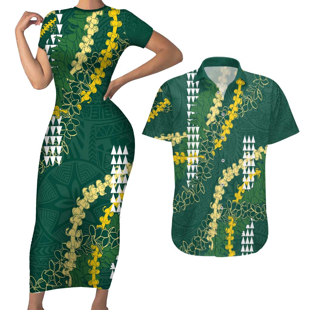 Hawaii Aloha Kakau Couples Matching Short Sleeve Bodycon Dress and Hawaiian Shirt Green Puakenikeni and Maile Lei Twist LT7 Green - Polynesian Pride