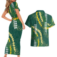 Hawaii Aloha Kakau Couples Matching Short Sleeve Bodycon Dress and Hawaiian Shirt Green Puakenikeni and Maile Lei Twist LT7 - Polynesian Pride
