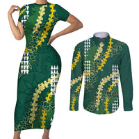 Hawaii Aloha Kakau Couples Matching Short Sleeve Bodycon Dress and Long Sleeve Button Shirt Green Puakenikeni and Maile Lei Twist LT7 Green - Polynesian Pride