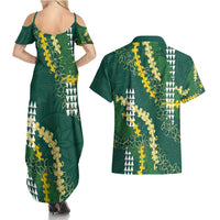 Hawaii Aloha Kakau Couples Matching Summer Maxi Dress and Hawaiian Shirt Green Puakenikeni and Maile Lei Twist LT7 - Polynesian Pride