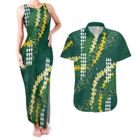 Hawaii Aloha Kakau Couples Matching Tank Maxi Dress and Hawaiian Shirt Green Puakenikeni and Maile Lei Twist LT7 Green - Polynesian Pride