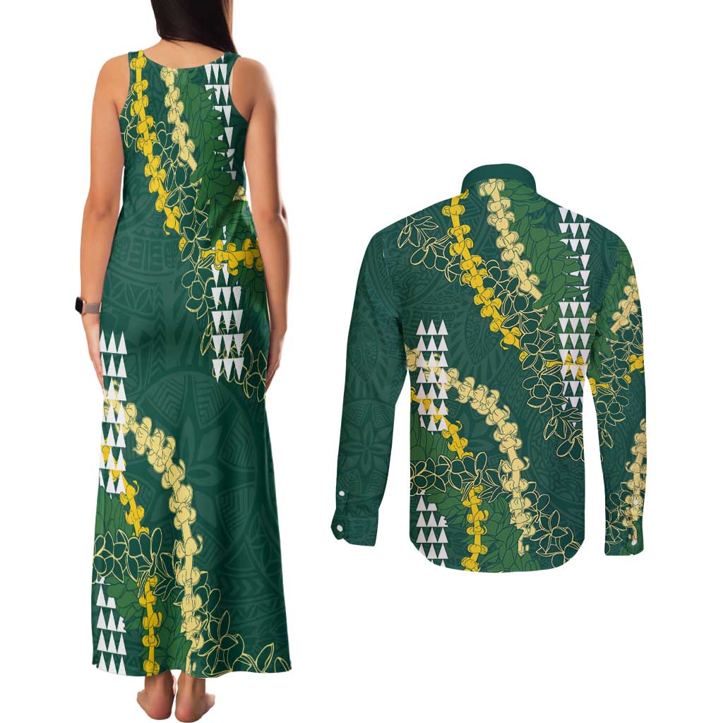 Hawaii Aloha Kakau Couples Matching Tank Maxi Dress and Long Sleeve Button Shirt Green Puakenikeni and Maile Lei Twist LT7 - Polynesian Pride