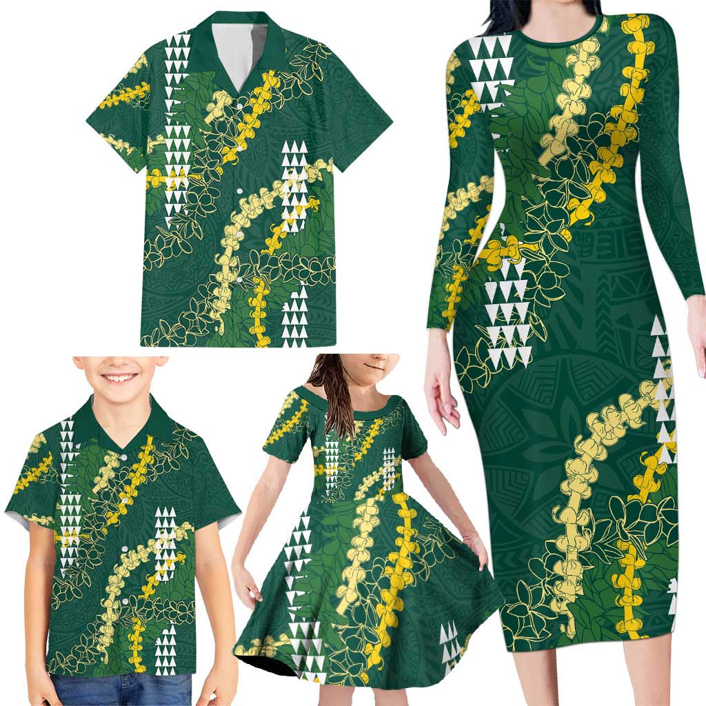 Hawaii Aloha Kakau Family Matching Long Sleeve Bodycon Dress and Hawaiian Shirt Green Puakenikeni and Maile Lei Twist LT7 - Polynesian Pride
