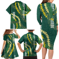 Hawaii Aloha Kakau Family Matching Long Sleeve Bodycon Dress and Hawaiian Shirt Green Puakenikeni and Maile Lei Twist LT7 - Polynesian Pride