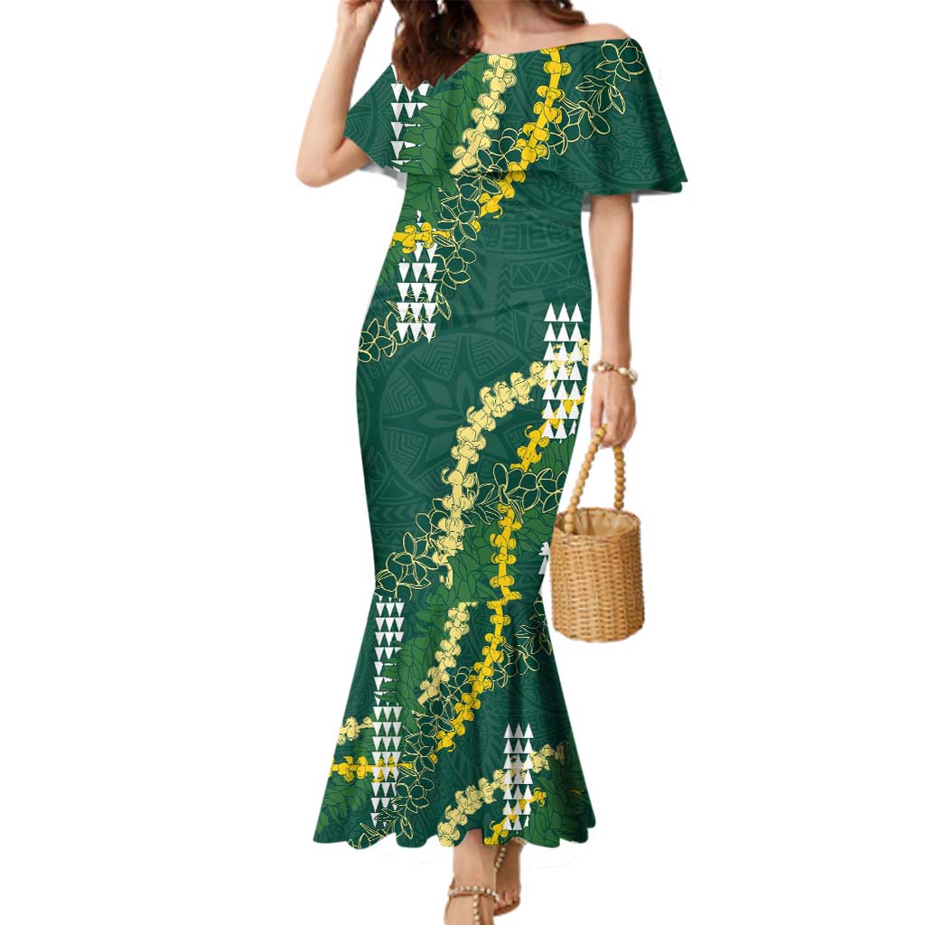 Hawaii Aloha Kakau Family Matching Mermaid Dress and Hawaiian Shirt Green Puakenikeni and Maile Lei Twist LT7 Mom's Dress Green - Polynesian Pride