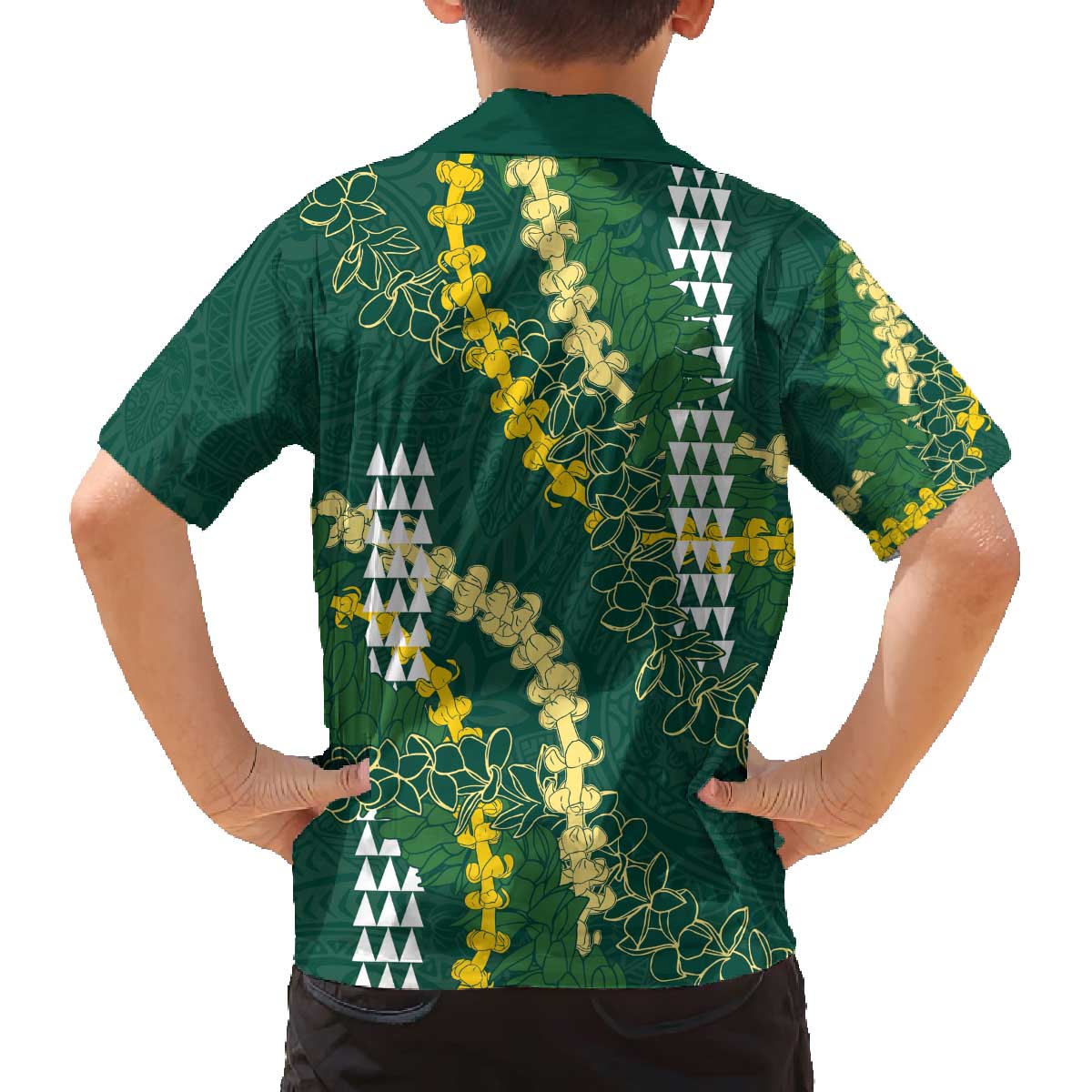 Hawaii Aloha Kakau Family Matching Off The Shoulder Long Sleeve Dress and Hawaiian Shirt Green Puakenikeni and Maile Lei Twist LT7 - Polynesian Pride