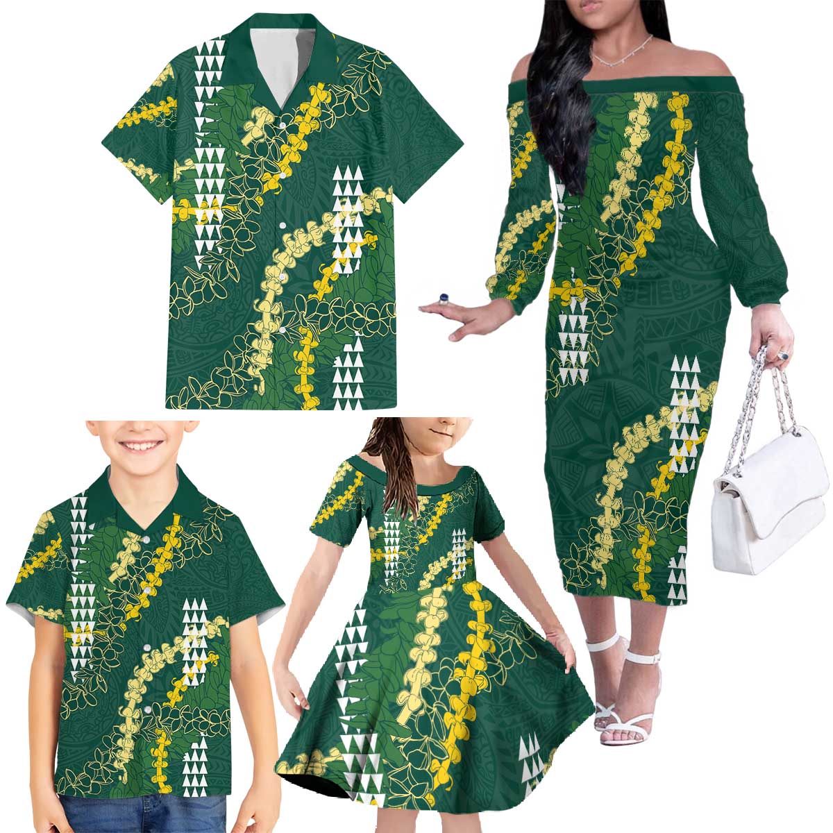 Hawaii Aloha Kakau Family Matching Off The Shoulder Long Sleeve Dress and Hawaiian Shirt Green Puakenikeni and Maile Lei Twist LT7 - Polynesian Pride