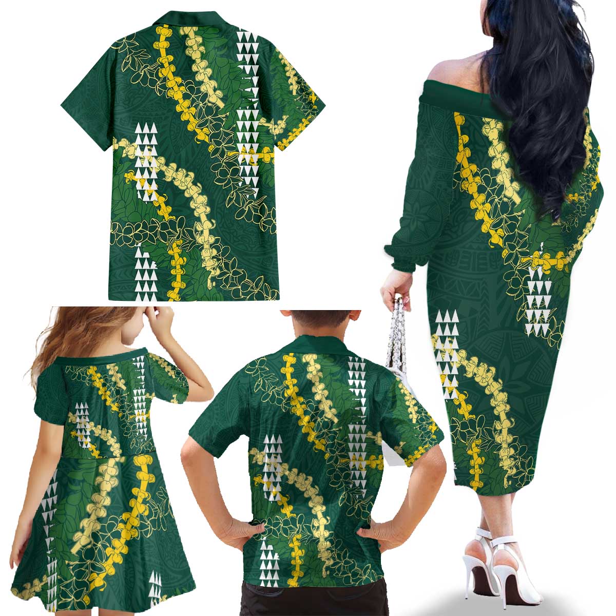 Hawaii Aloha Kakau Family Matching Off The Shoulder Long Sleeve Dress and Hawaiian Shirt Green Puakenikeni and Maile Lei Twist LT7 - Polynesian Pride