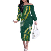 Hawaii Aloha Kakau Family Matching Off The Shoulder Long Sleeve Dress and Hawaiian Shirt Green Puakenikeni and Maile Lei Twist LT7 Mom's Dress Green - Polynesian Pride