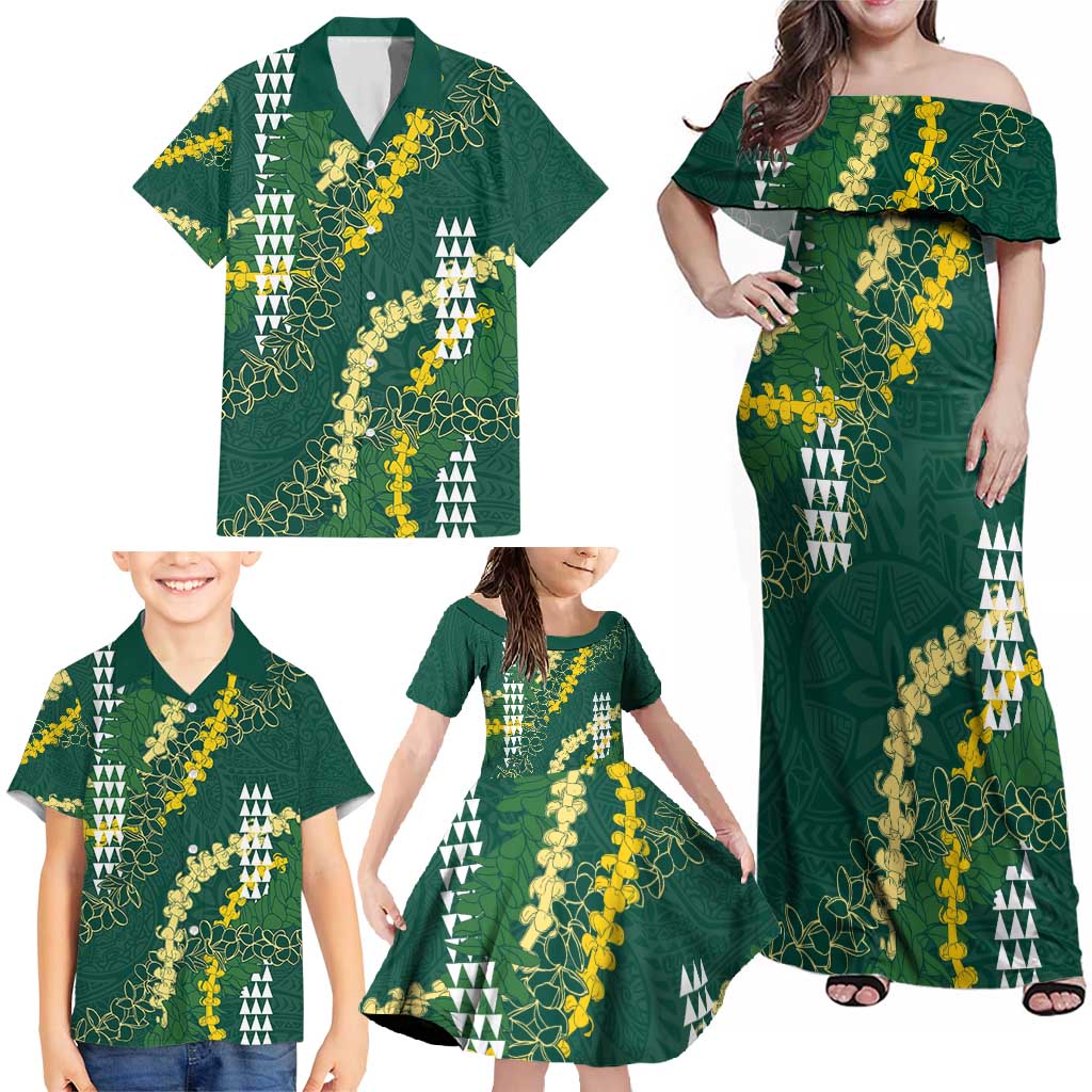 Hawaii Aloha Kakau Family Matching Off Shoulder Maxi Dress and Hawaiian Shirt Green Puakenikeni and Maile Lei Twist LT7 - Polynesian Pride