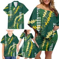 Hawaii Aloha Kakau Family Matching Off Shoulder Short Dress and Hawaiian Shirt Green Puakenikeni and Maile Lei Twist LT7 - Polynesian Pride