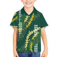 Hawaii Aloha Kakau Family Matching Off Shoulder Short Dress and Hawaiian Shirt Green Puakenikeni and Maile Lei Twist LT7 Son's Shirt Green - Polynesian Pride