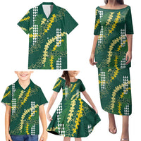 Hawaii Aloha Kakau Family Matching Puletasi and Hawaiian Shirt Green Puakenikeni and Maile Lei Twist LT7 - Polynesian Pride