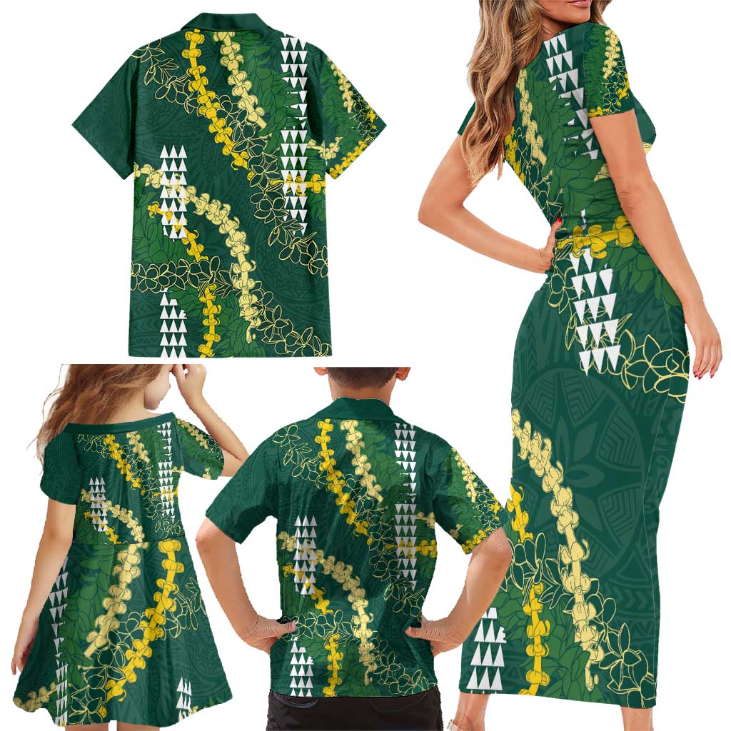 Hawaii Aloha Kakau Family Matching Short Sleeve Bodycon Dress and Hawaiian Shirt Green Puakenikeni and Maile Lei Twist LT7 - Polynesian Pride
