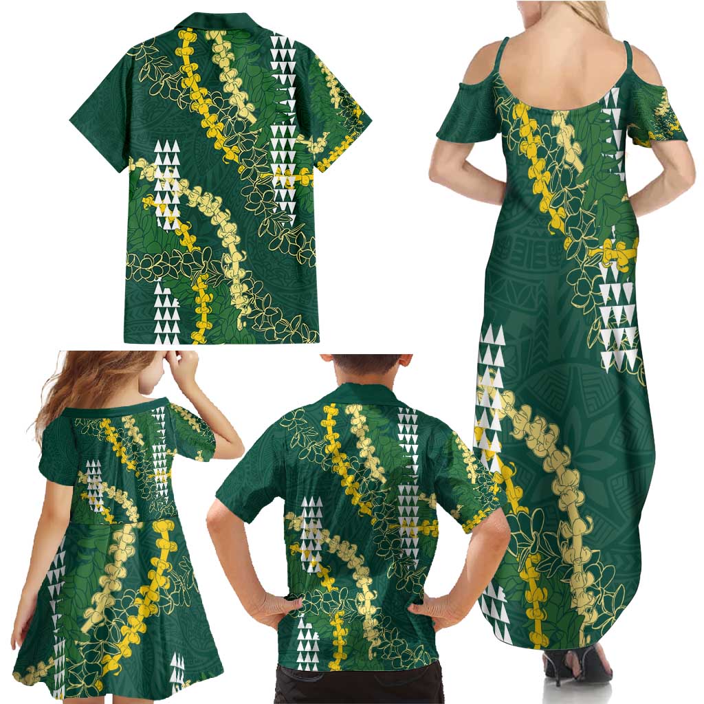 Hawaii Aloha Kakau Family Matching Summer Maxi Dress and Hawaiian Shirt Green Puakenikeni and Maile Lei Twist LT7 - Polynesian Pride