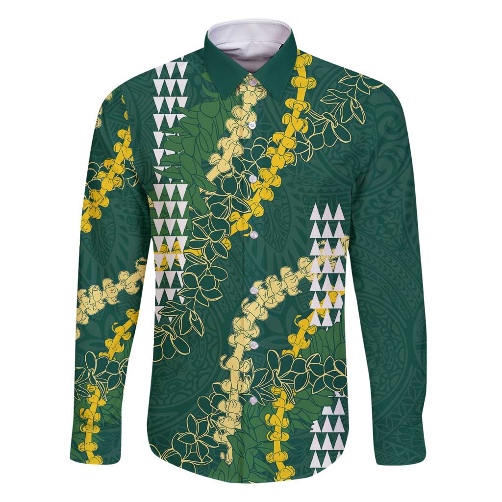 Hawaii Aloha Kakau Family Matching Summer Maxi Dress and Hawaiian Shirt Green Puakenikeni and Maile Lei Twist LT7 Dad's Shirt - Long Sleeve Green - Polynesian Pride