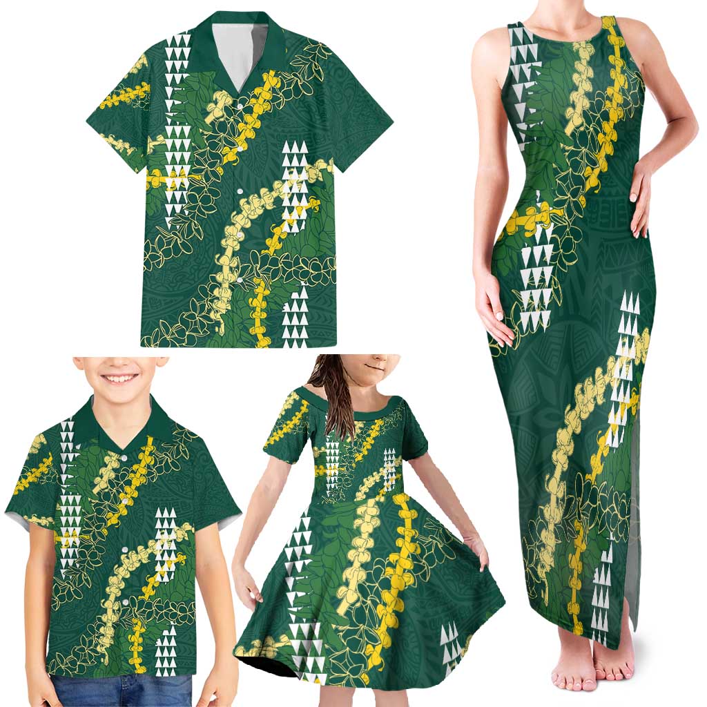 Hawaii Aloha Kakau Family Matching Tank Maxi Dress and Hawaiian Shirt Green Puakenikeni and Maile Lei Twist LT7 - Polynesian Pride