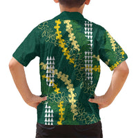 Hawaii Aloha Kakau Kid Hawaiian Shirt Green Puakenikeni and Maile Lei Twist