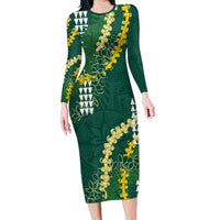 Hawaii Aloha Kakau Long Sleeve Bodycon Dress Green Puakenikeni and Maile Lei Twist LT7 Long Dress Green - Polynesian Pride
