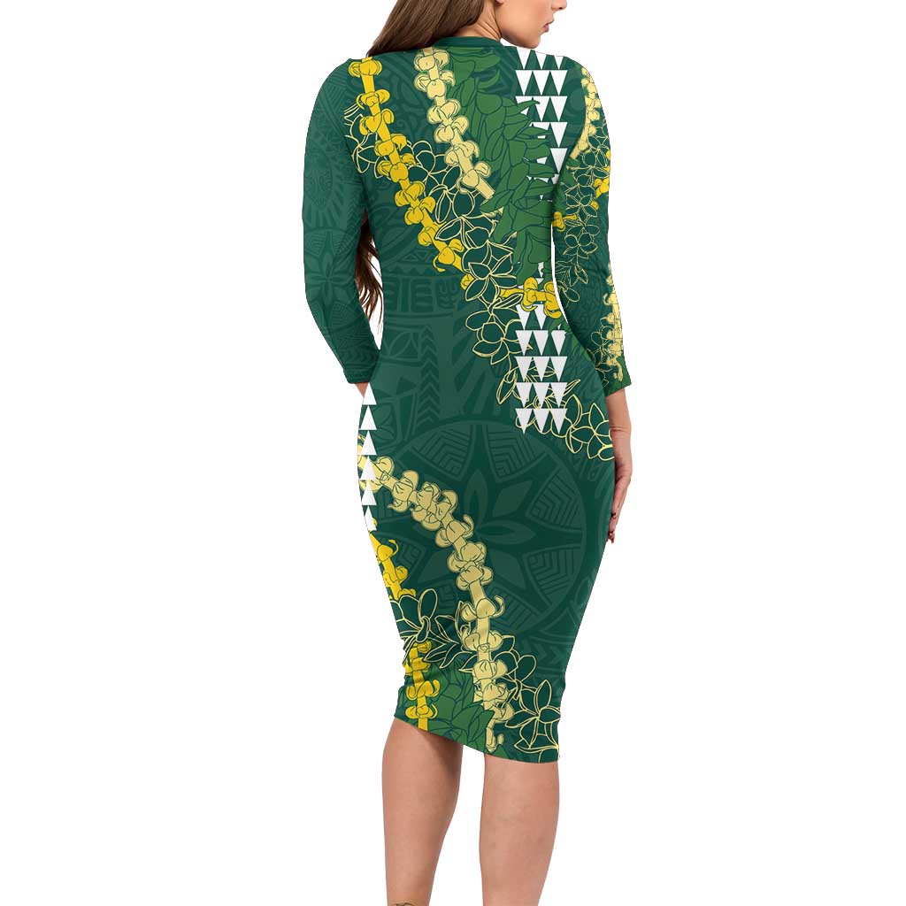 Hawaii Aloha Kakau Long Sleeve Bodycon Dress Green Puakenikeni and Maile Lei Twist LT7 - Polynesian Pride