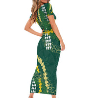 Hawaii Aloha Kakau Short Sleeve Bodycon Dress Green Puakenikeni and Maile Lei Twist LT7 - Polynesian Pride