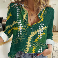 Hawaii Aloha Kakau Women Casual Shirt Green Puakenikeni and Maile Lei Twist LT7 Female Green - Polynesian Pride
