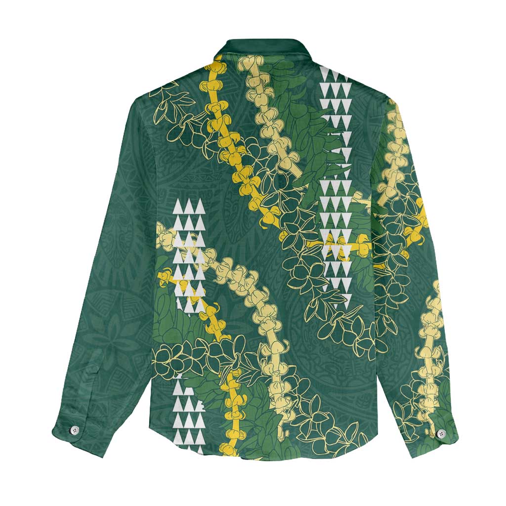 Hawaii Aloha Kakau Women Casual Shirt Green Puakenikeni and Maile Lei Twist LT7 - Polynesian Pride