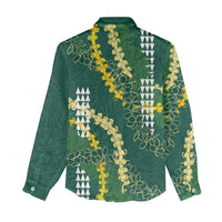 Hawaii Aloha Kakau Women Casual Shirt Green Puakenikeni and Maile Lei Twist LT7 - Polynesian Pride