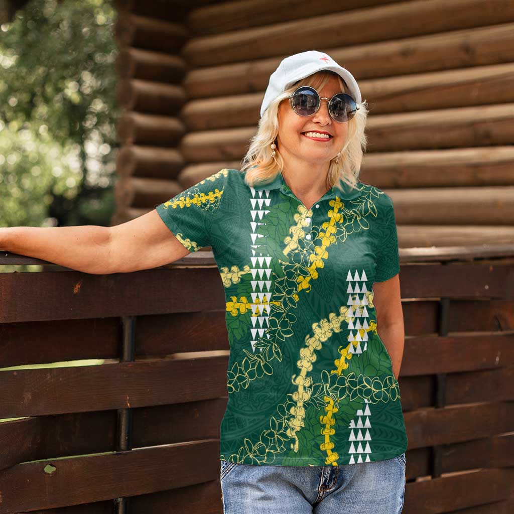 Hawaii Aloha Kakau Women Polo Shirt Green Puakenikeni and Maile Lei Twist LT7 - Polynesian Pride