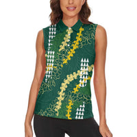 Hawaii Aloha Kakau Women Sleeveless Polo Shirt Green Puakenikeni and Maile Lei Twist LT7 - Polynesian Pride