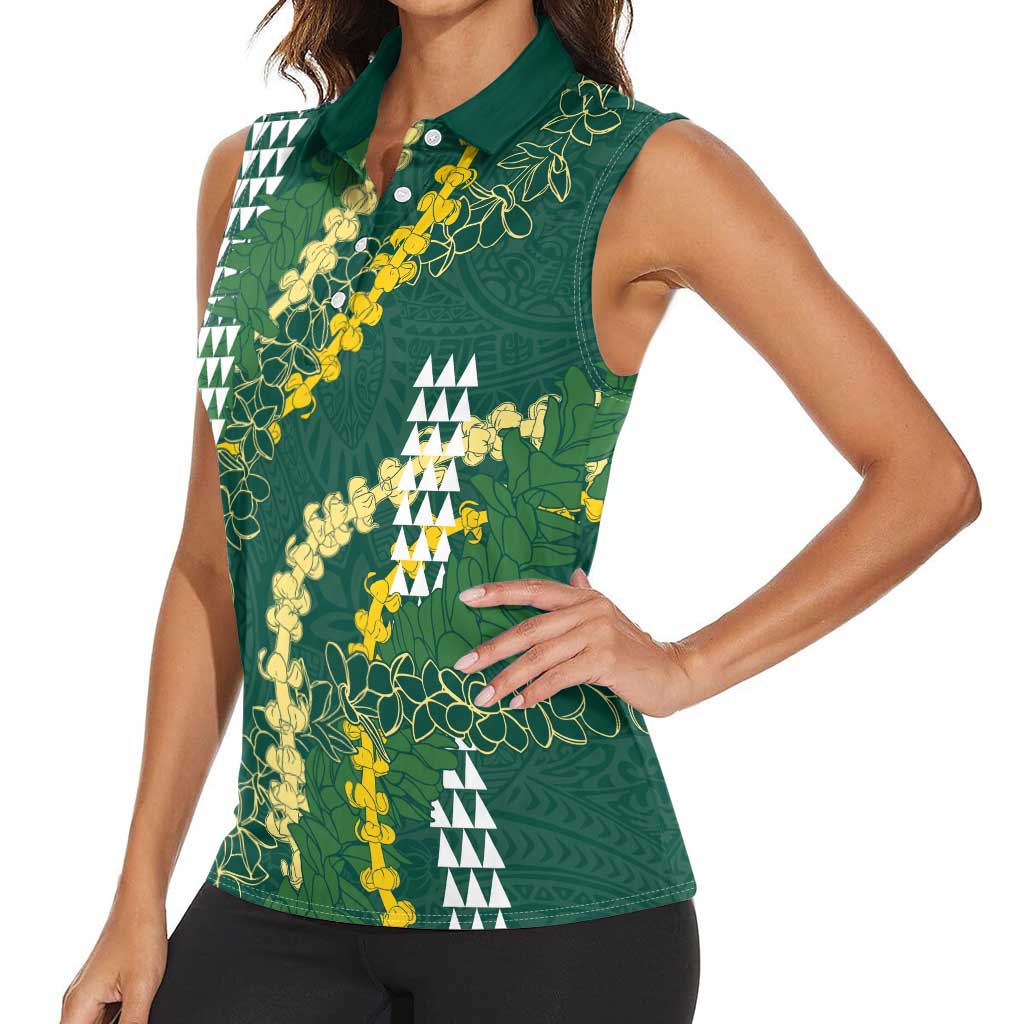 Hawaii Aloha Kakau Women Sleeveless Polo Shirt Green Puakenikeni and Maile Lei Twist LT7 - Polynesian Pride