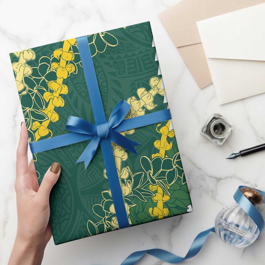 Hawaii Aloha Kakau Wrapping Paper Green Puakenikeni and Maile Lei Twist