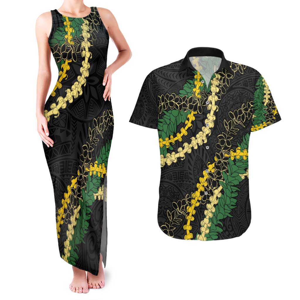 Hawaii Puakenikeni - Maile Lei Couples Matching Tank Maxi Dress and Hawaiian Shirt Obsidian Black LT7 Black - Polynesian Pride