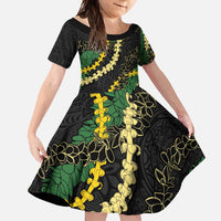 Hawaii Puakenikeni - Maile Lei Family Matching Long Sleeve Bodycon Dress and Hawaiian Shirt Obsidian Black LT7 Daughter's Dress Black - Polynesian Pride