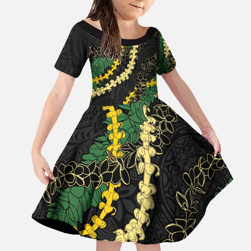 Hawaii Puakenikeni - Maile Lei Family Matching Mermaid Dress and Hawaiian Shirt Obsidian Black LT7 Daughter's Dress Black - Polynesian Pride