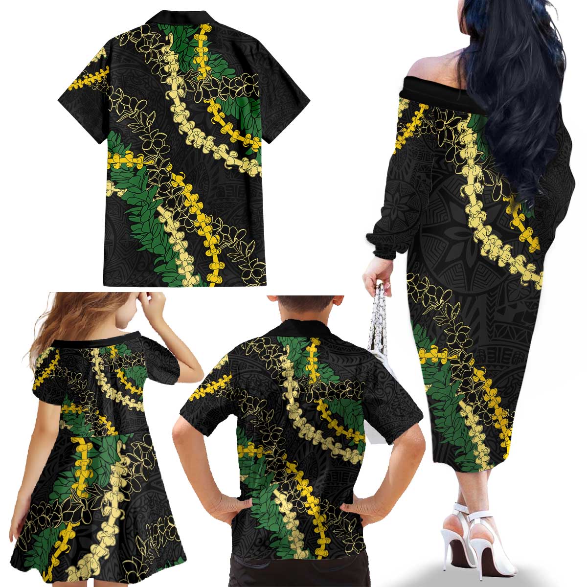 Hawaii Puakenikeni - Maile Lei Family Matching Off The Shoulder Long Sleeve Dress and Hawaiian Shirt Obsidian Black LT7 - Polynesian Pride