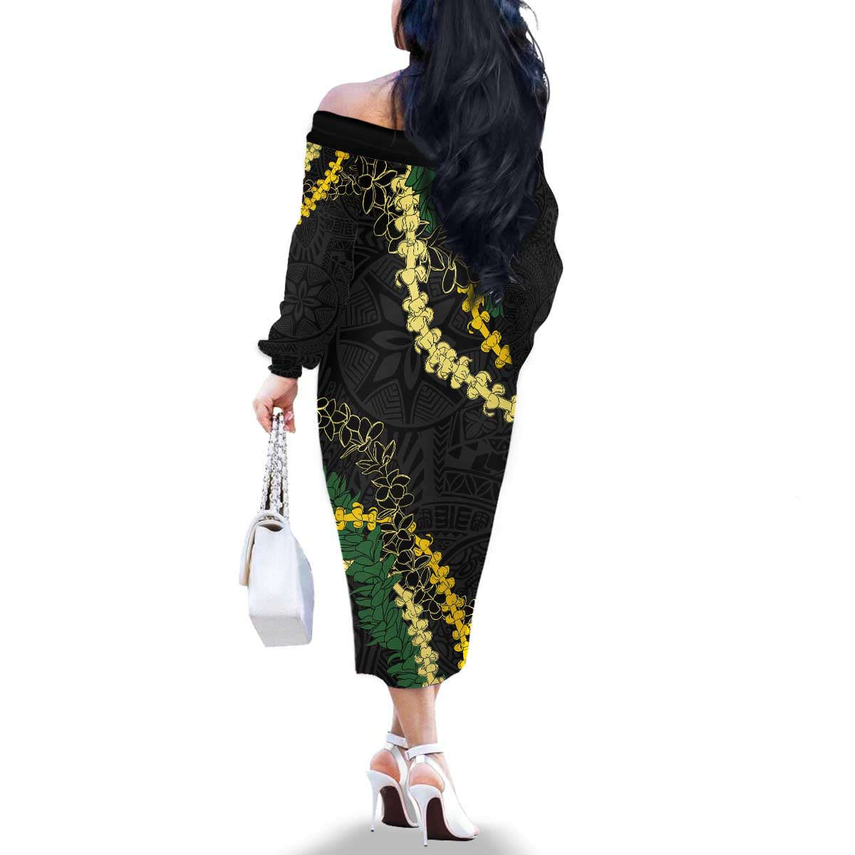 Hawaii Puakenikeni - Maile Lei Family Matching Off The Shoulder Long Sleeve Dress and Hawaiian Shirt Obsidian Black LT7 - Polynesian Pride