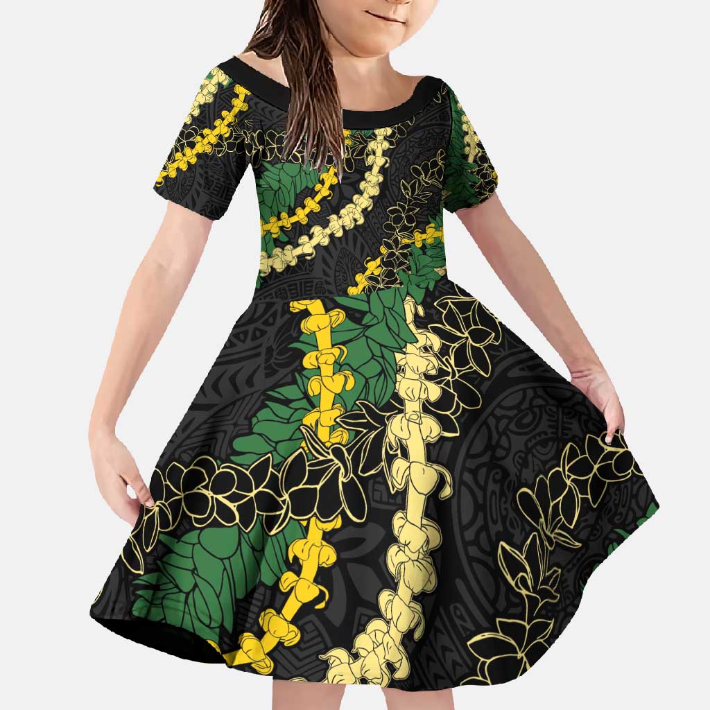 Hawaii Puakenikeni - Maile Lei Family Matching Off Shoulder Maxi Dress and Hawaiian Shirt Obsidian Black LT7 Daughter's Dress Black - Polynesian Pride