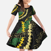Hawaii Puakenikeni - Maile Lei Family Matching Off Shoulder Maxi Dress and Hawaiian Shirt Obsidian Black LT7 Daughter's Dress Black - Polynesian Pride