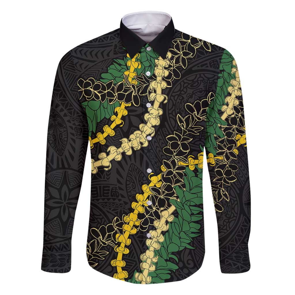 Hawaii Puakenikeni - Maile Lei Family Matching Off Shoulder Maxi Dress and Hawaiian Shirt Obsidian Black LT7 Dad's Shirt - Long Sleeve Black - Polynesian Pride
