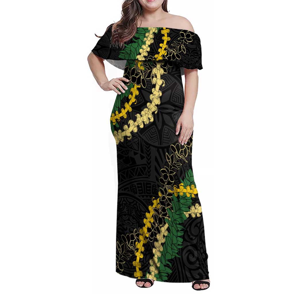 Hawaii Puakenikeni - Maile Lei Family Matching Off Shoulder Maxi Dress and Hawaiian Shirt Obsidian Black LT7 Mom's Dress Black - Polynesian Pride