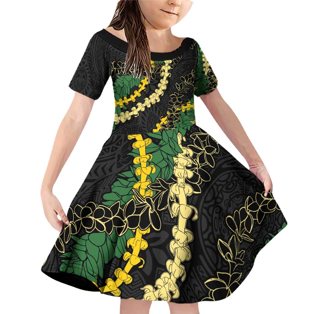 Hawaii Puakenikeni - Maile Lei Family Matching Off Shoulder Short Dress and Hawaiian Shirt Obsidian Black LT7 Daughter's Dress Black - Polynesian Pride