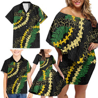 Hawaii Puakenikeni - Maile Lei Family Matching Off Shoulder Short Dress and Hawaiian Shirt Obsidian Black LT7 - Polynesian Pride