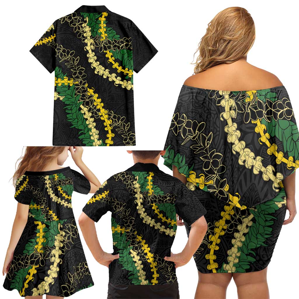 Hawaii Puakenikeni - Maile Lei Family Matching Off Shoulder Short Dress and Hawaiian Shirt Obsidian Black LT7 - Polynesian Pride