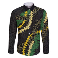 Hawaii Puakenikeni - Maile Lei Family Matching Off Shoulder Short Dress and Hawaiian Shirt Obsidian Black LT7 Dad's Shirt - Long Sleeve Black - Polynesian Pride