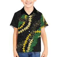 Hawaii Puakenikeni - Maile Lei Family Matching Off Shoulder Short Dress and Hawaiian Shirt Obsidian Black LT7 Son's Shirt Black - Polynesian Pride