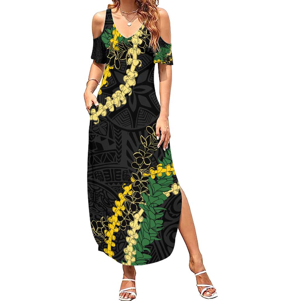 Hawaii Puakenikeni - Maile Lei Family Matching Summer Maxi Dress and Hawaiian Shirt Obsidian Black LT7 Mom's Dress Black - Polynesian Pride
