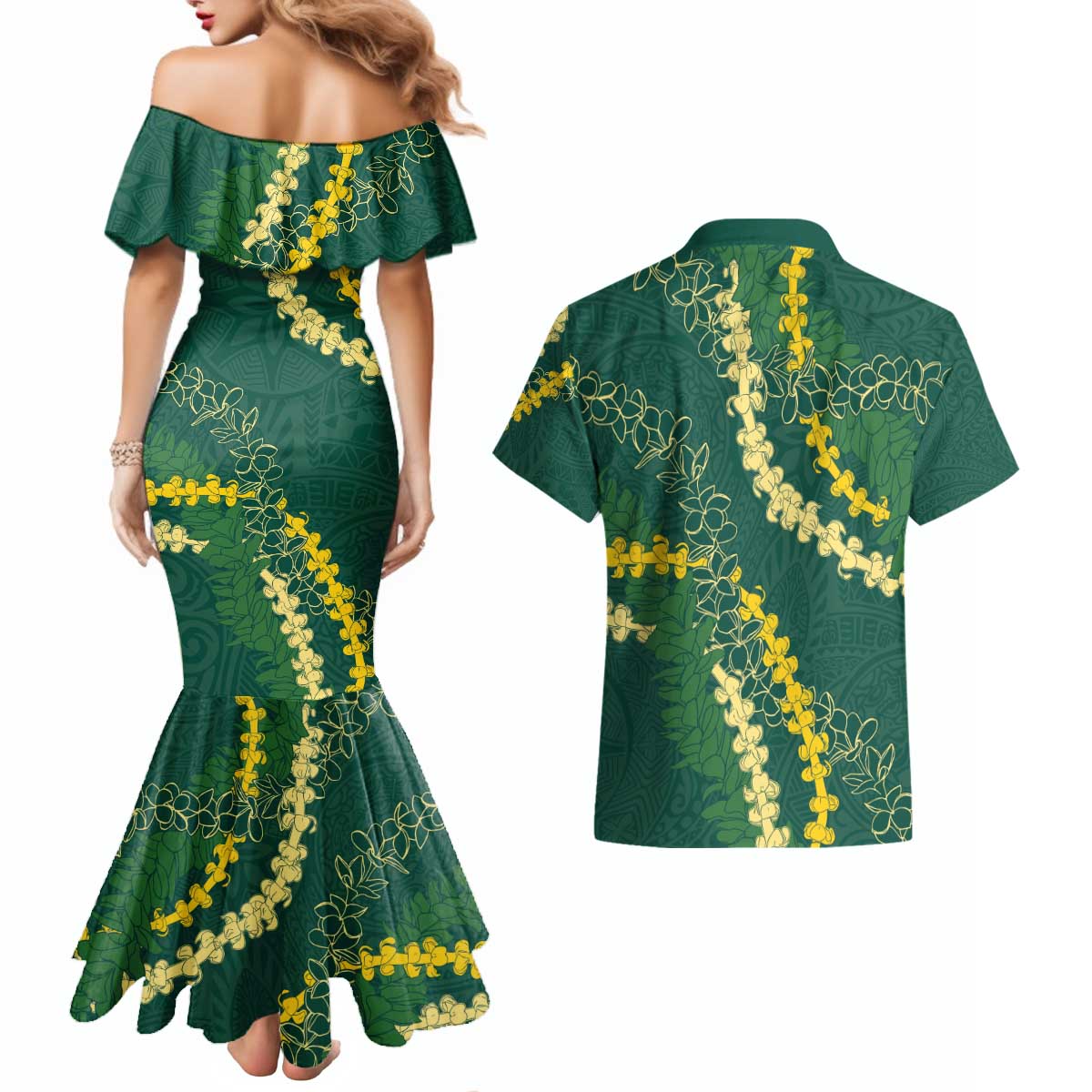 Hawaii Puakenikeni - Maile Lei Couples Matching Mermaid Dress and Hawaiian Shirt Sage Green