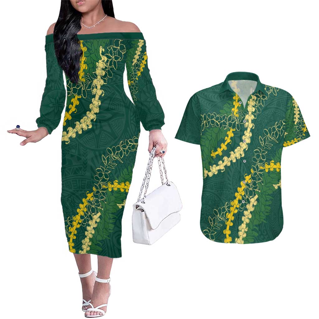 Hawaii Puakenikeni - Maile Lei Couples Matching Off The Shoulder Long Sleeve Dress and Hawaiian Shirt Sage Green LT7 Sage Green - Polynesian Pride