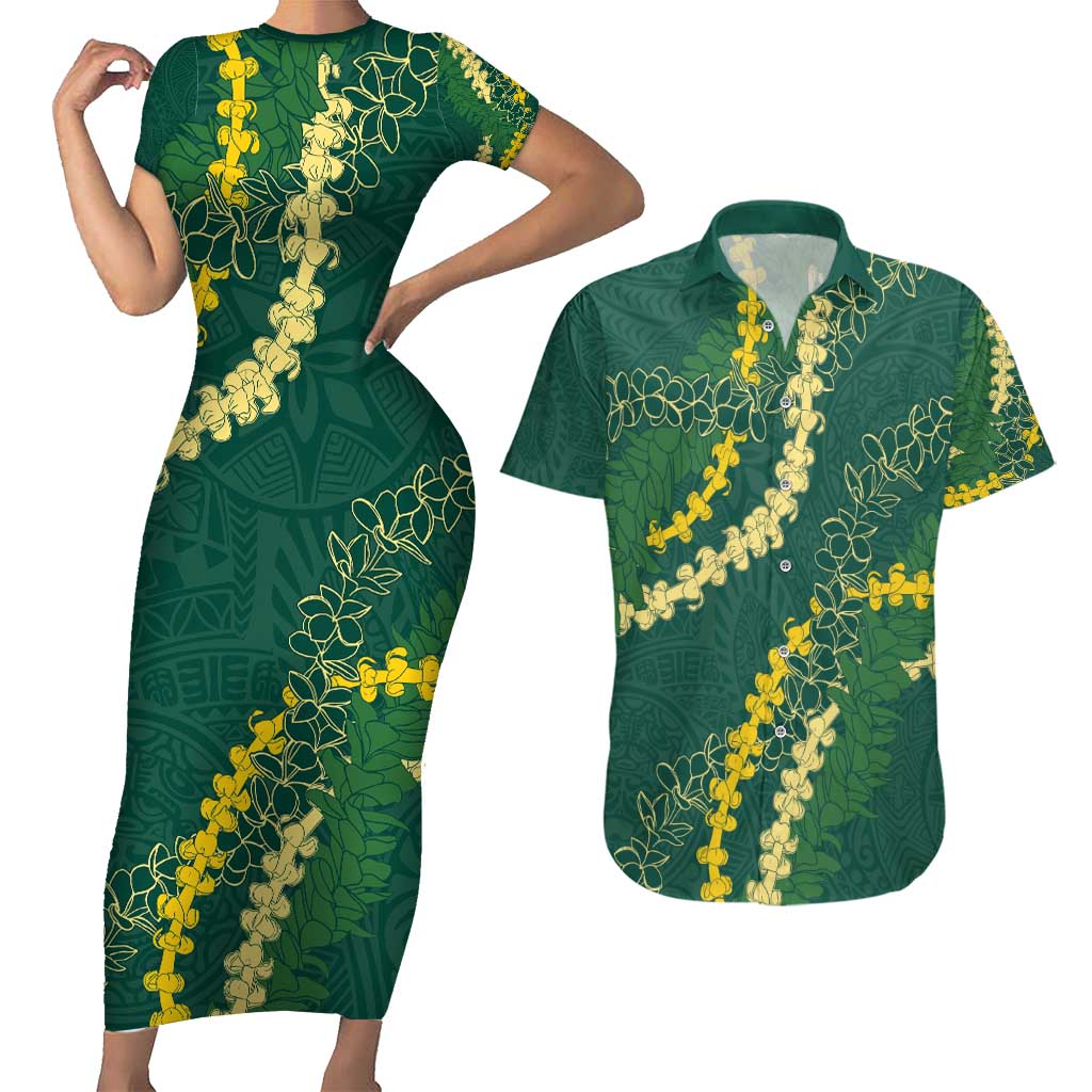 Hawaii Puakenikeni - Maile Lei Couples Matching Short Sleeve Bodycon Dress and Hawaiian Shirt Sage Green LT7 Sage Green - Polynesian Pride